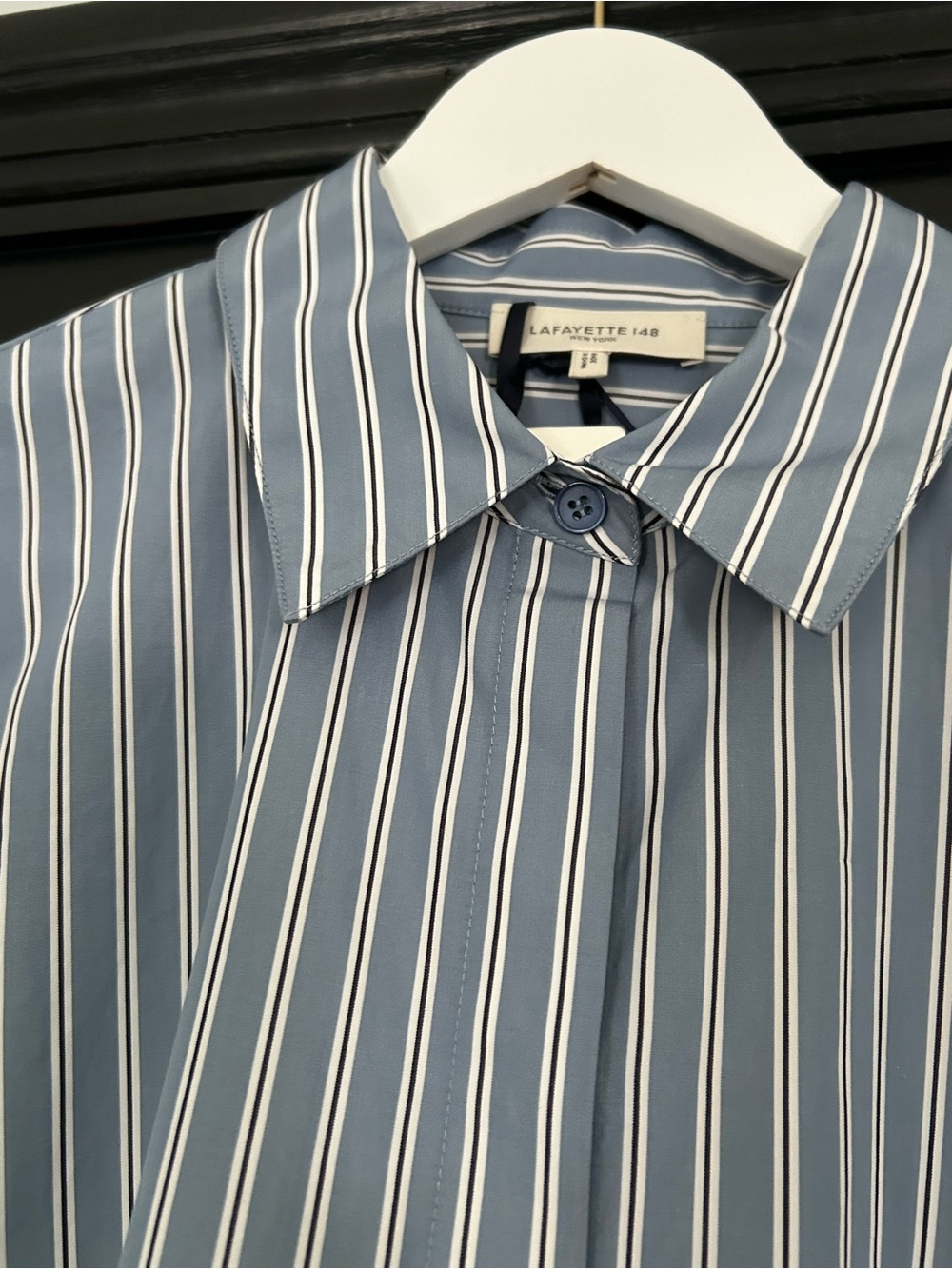 Lafayette 148 Harbor Blue Multi Stripe Button Down Shirt in Cotton Size Medium - Picture 2 of 10